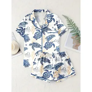 Women'S Satin Pajamas Set with Turtle Pattern, Short Sleeves And Shorts