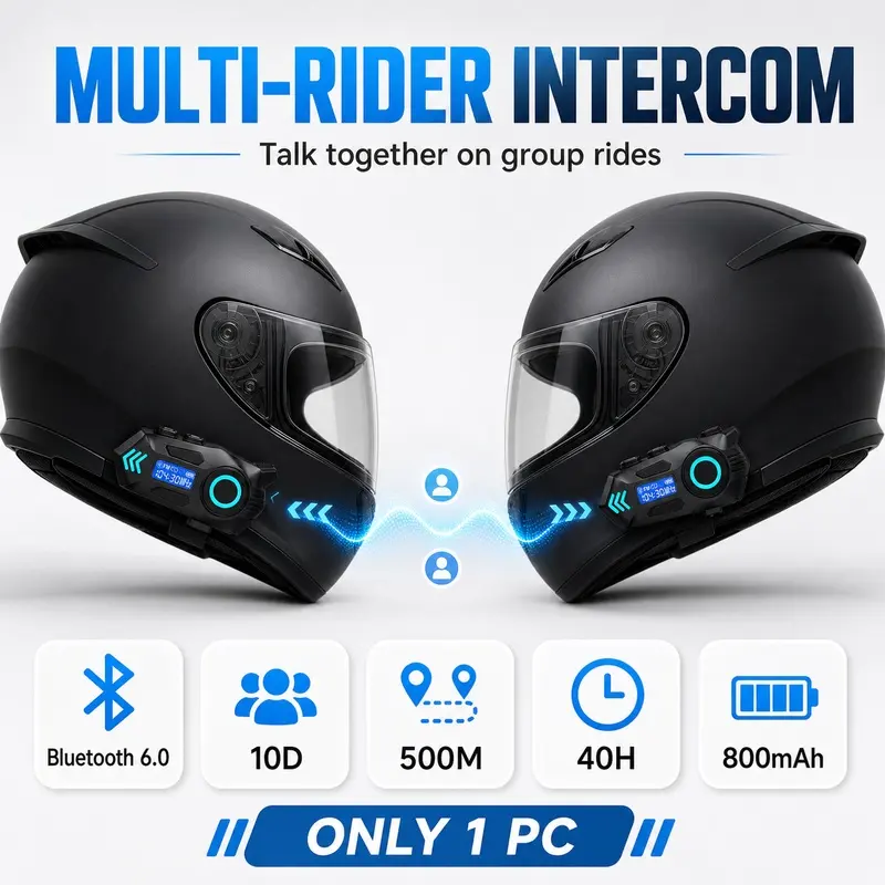K09 Wireless Helmet Speaker for Motorcycle Riding, Bluetooth 5.0 Intercom with 40H Talk Time, Music Sharing and Display, Motorcycle Accessory