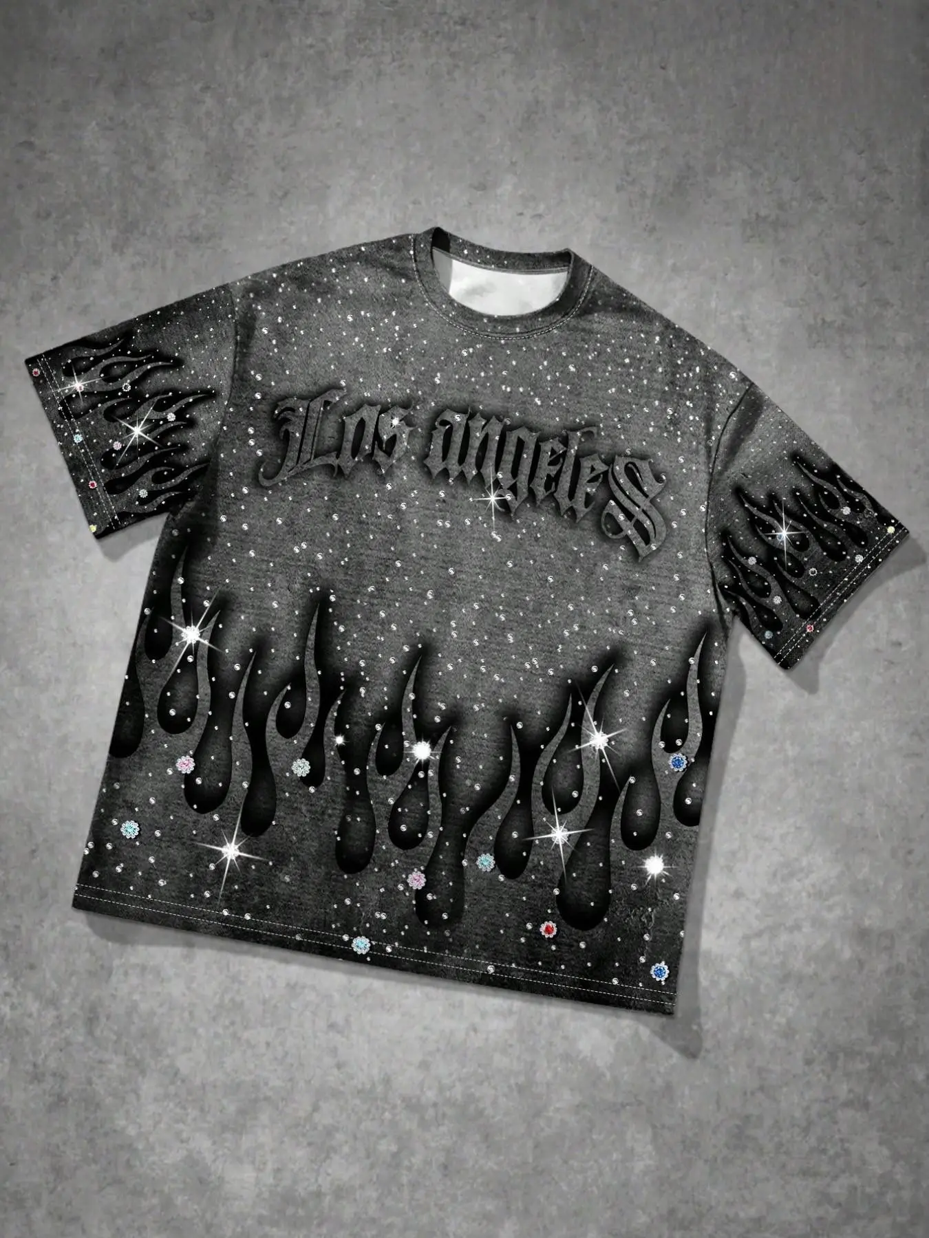 Men's Oversized Rhinestone T-Shirt, Black Vintage Wash Flame Drip Print Short Sleeve Tee Tops with Los Angeles Gothic Letter & Sparkle Rhinestone Accents, Casual Streetwear Hip Hop T-Shirt for Y2K Aesthetic Summer Outfits Menswear