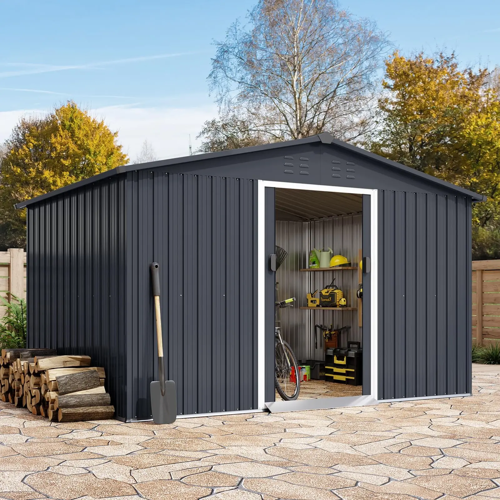 GARVEE 10x12 FT Outdoor Metal Storage Shed with Lockable Door – Large Galvanized Steel Garden Shed with Slanted Roof & Dual Vents, Waterproof Tool Shed for Lawn Mower, Bike & Garbage Cans, Grey