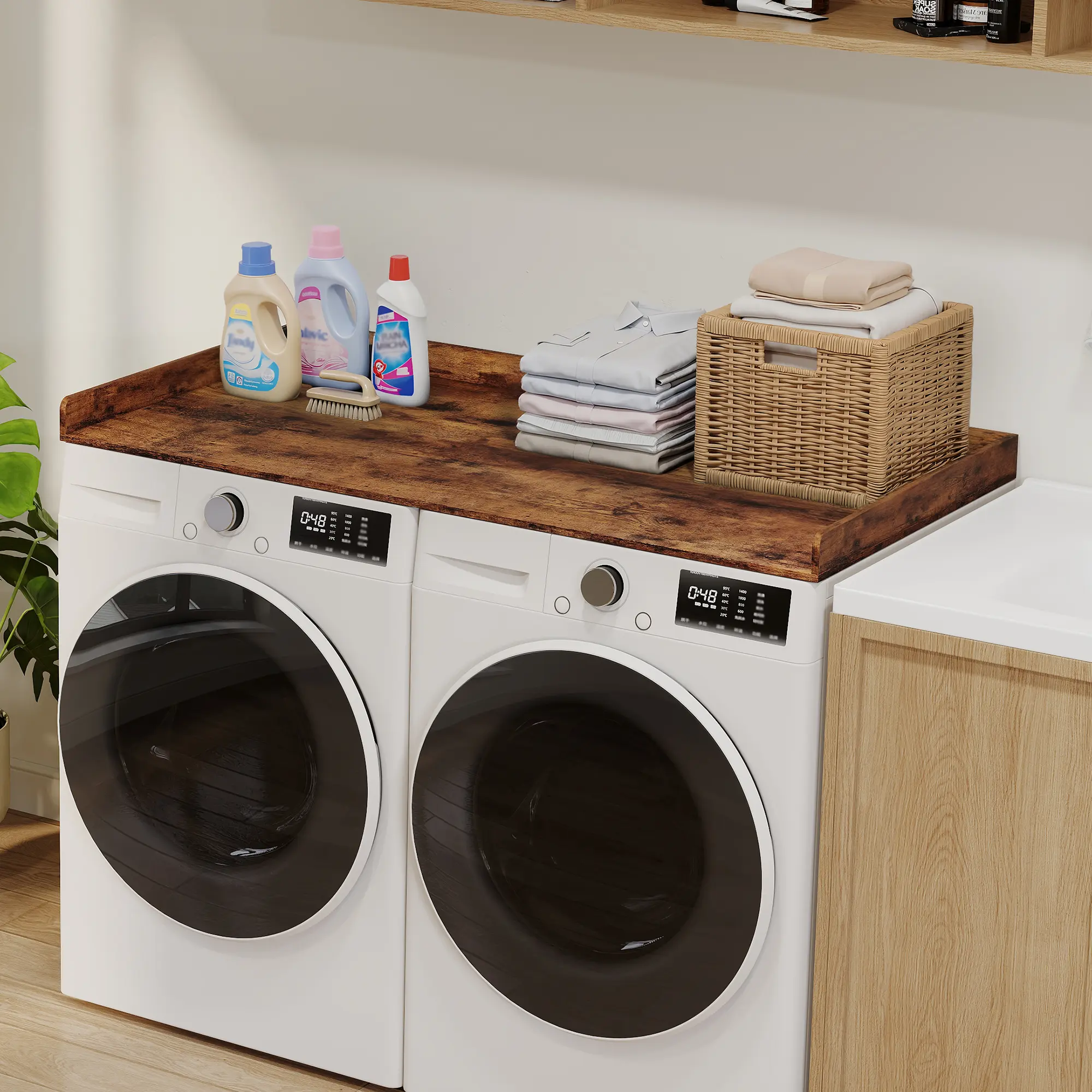 Engineered Wood Washer Dryer Countertop, Laundry Room Organizer with Non-Slip Pads, Top Storage Solution for Folding & Ironing