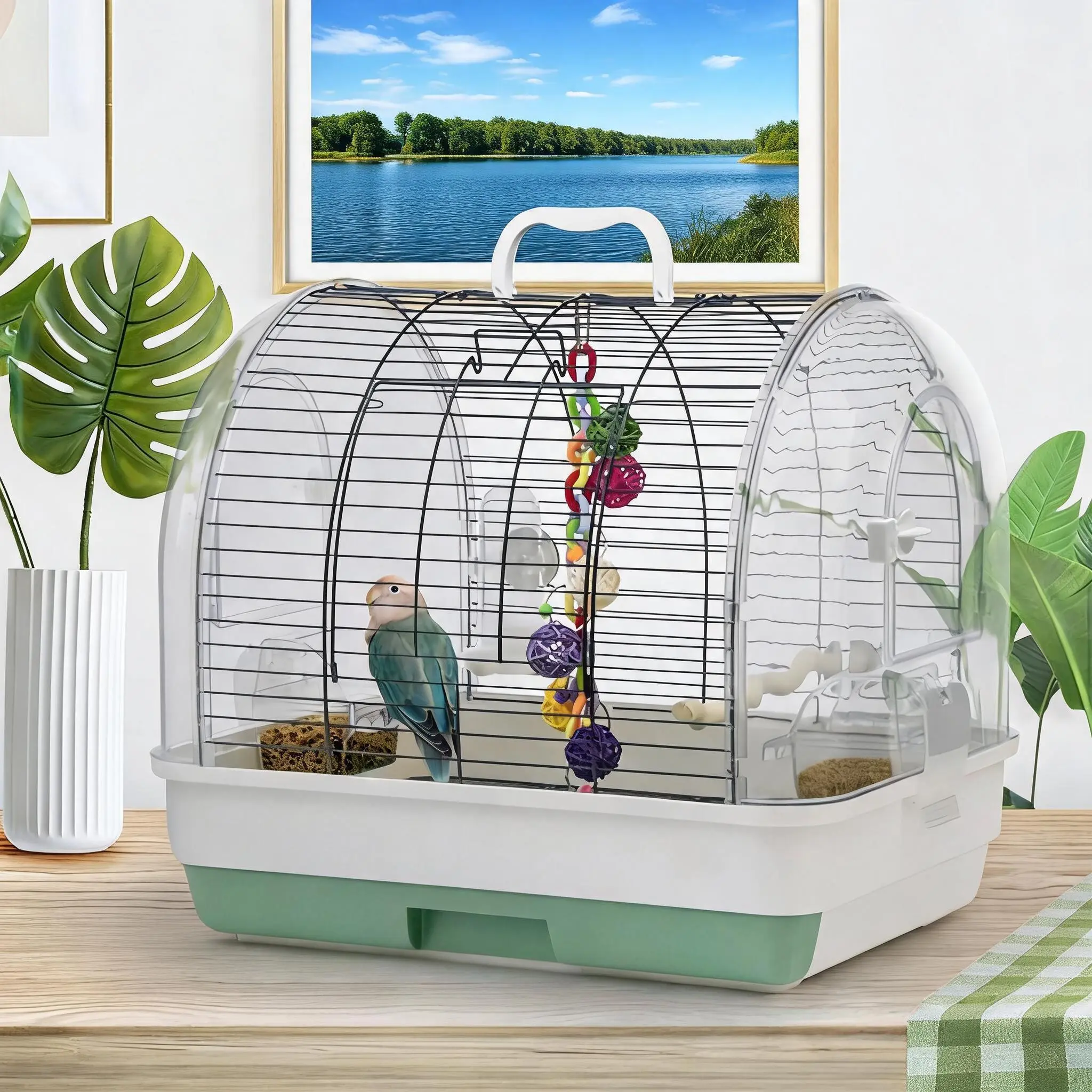 Small Bird Travel Cage – 16.5"×12.5"×14.5" with Handle, 3 Doors & 2 Bowls – for Parakeets, Finches & Canaries – Lightweight