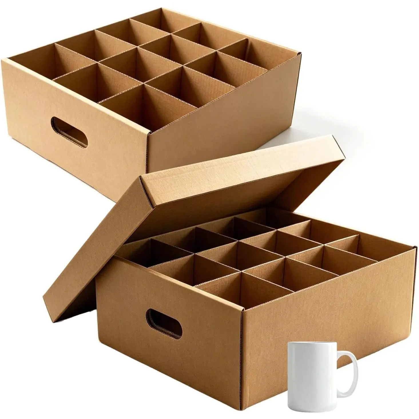 2-Pack Kitchenware Moving & Storage Set - Thick Corrugated Cardboard Boxes with Dividers, 17.1"x13.5"x5.9" Bins for Mug & Glassware Packing & Home Organization