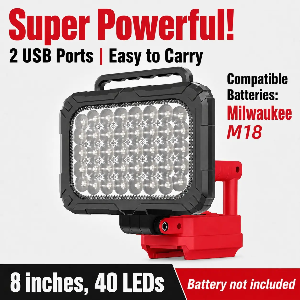 Wireless LED Work Light, Cordless Work Light for Milwaukee 18v Battery, 20w Wide Beam Flood Light, Dual USB Charging Ports, Ideal for Emergency, Workshop, Garage