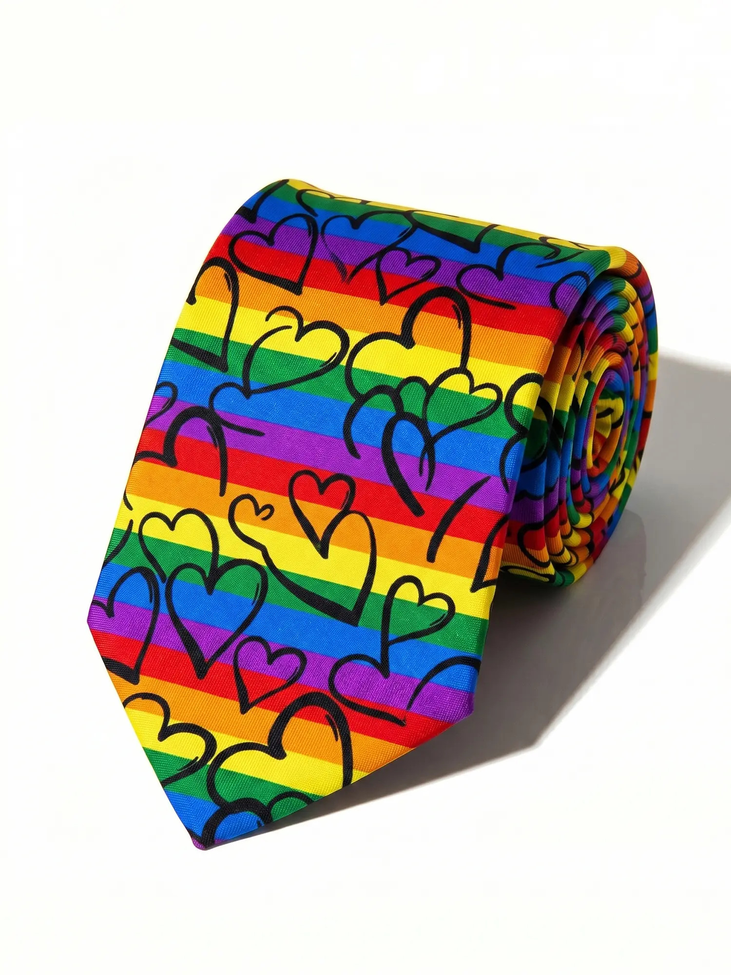 Men's-Women's Skinny Love Heart Rainbow Graphic Tie, Funky Polyester LGBT Pride Necktie for Weddings, Birthday, Beach Events & Classic Casual Business Suits