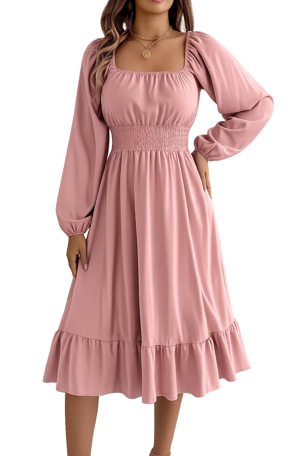 2026 Spring and Summer Leisure Solid Color Square Collar Long Sleeve Waist-Cinched A-Line Skirt