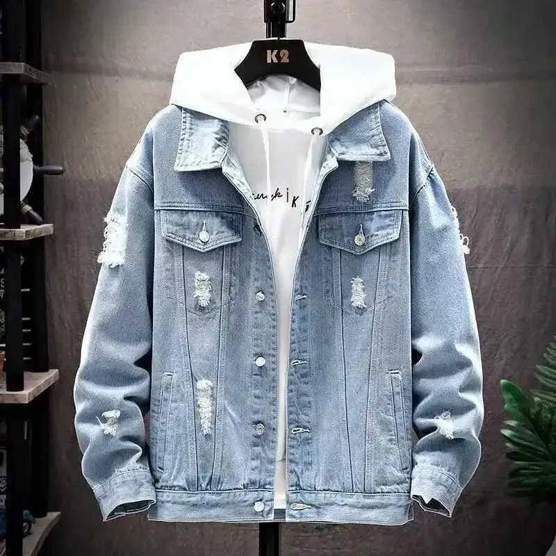 Men Denim Jacket 2025 Ripped Hole Single Breasted Coats Spliced Outerwear Jackets Pockets Casual Loose Washed Distressed Menswear Tops