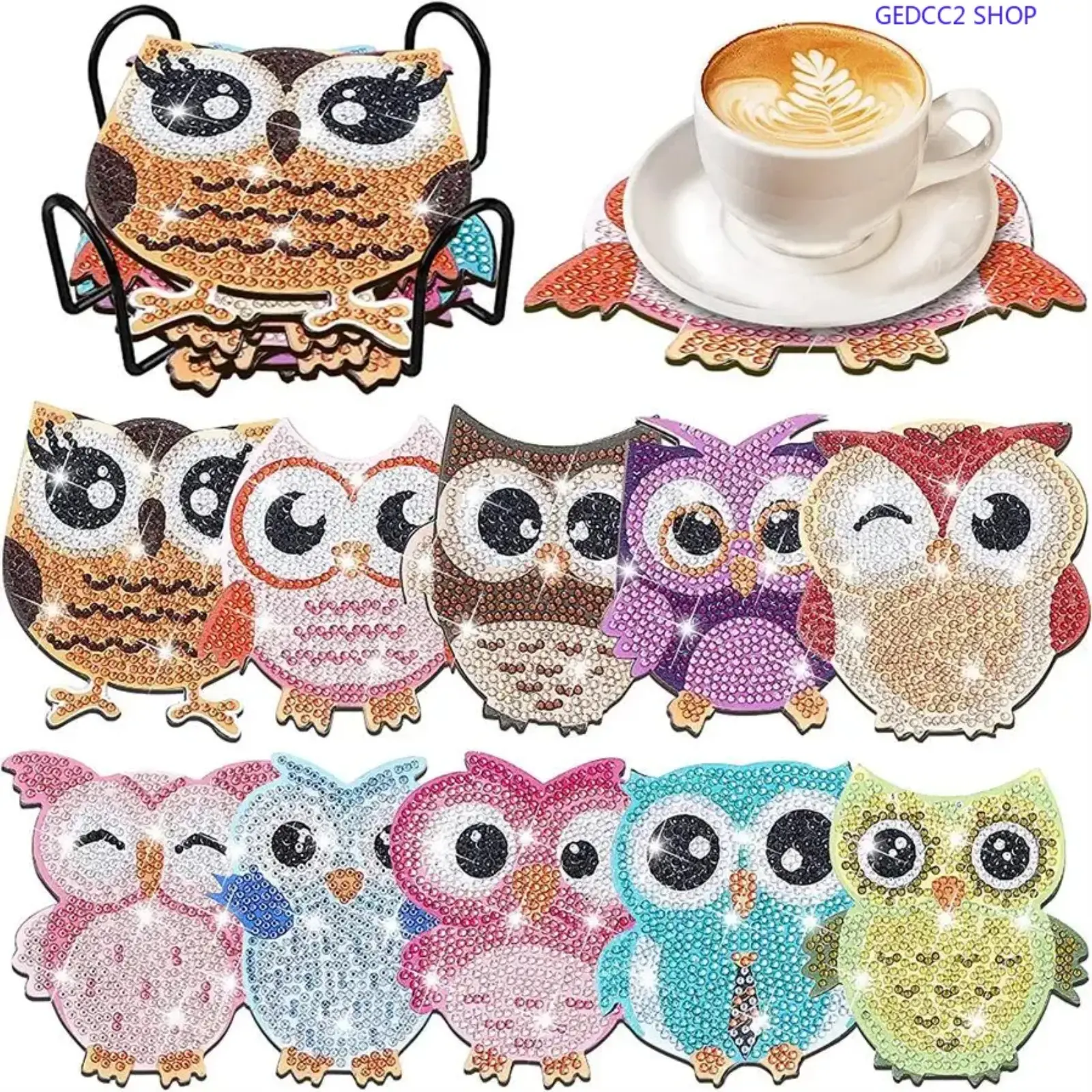 10PCS Owl Pattern Diamond Painting Coaster Kit with Wood Base - DIY Rhinestones Handcraft Making Kit for Adults, Camping Hammock Accessories & Home Decor Gift