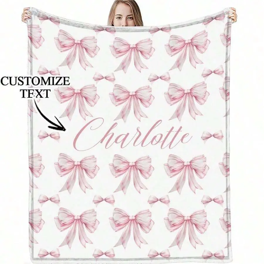 Customized Pink Bowknot Design Flannel Throw Blanket - Watercolor Butterfly Print, Wrinkle-Resistant, Soft Smooth Texture, Multi-Size, Modern Nursery-Ready Look, Personalized Newborn Baby Stuff for Infant Girls