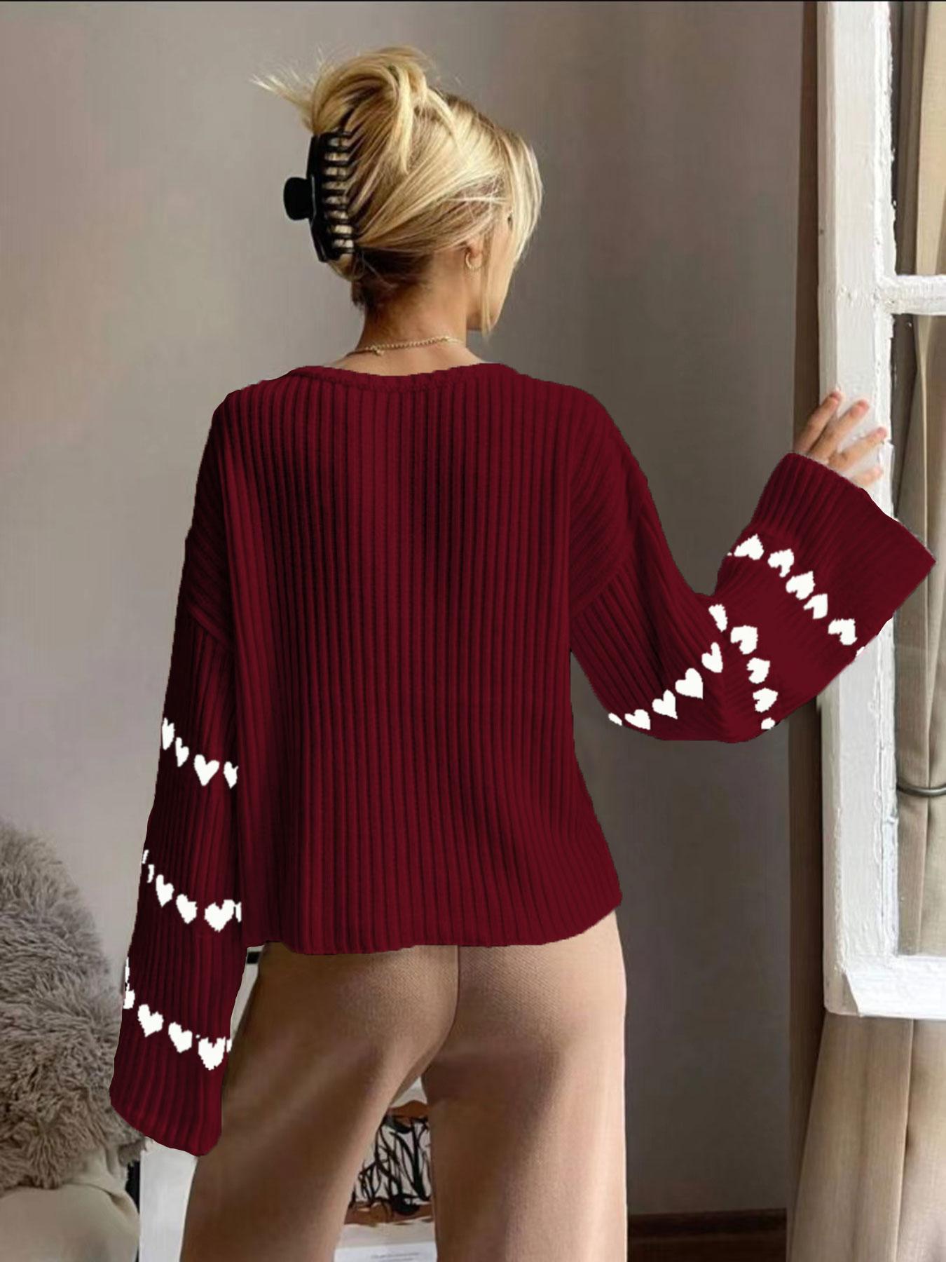 Women's Colorblock Heart Print Drop Shoulder Sweater, Casual Long Sleeve Round Neck Jumper for Fall & Winter, Fashion Ladies' Knitwear Knitting for Daily Wear