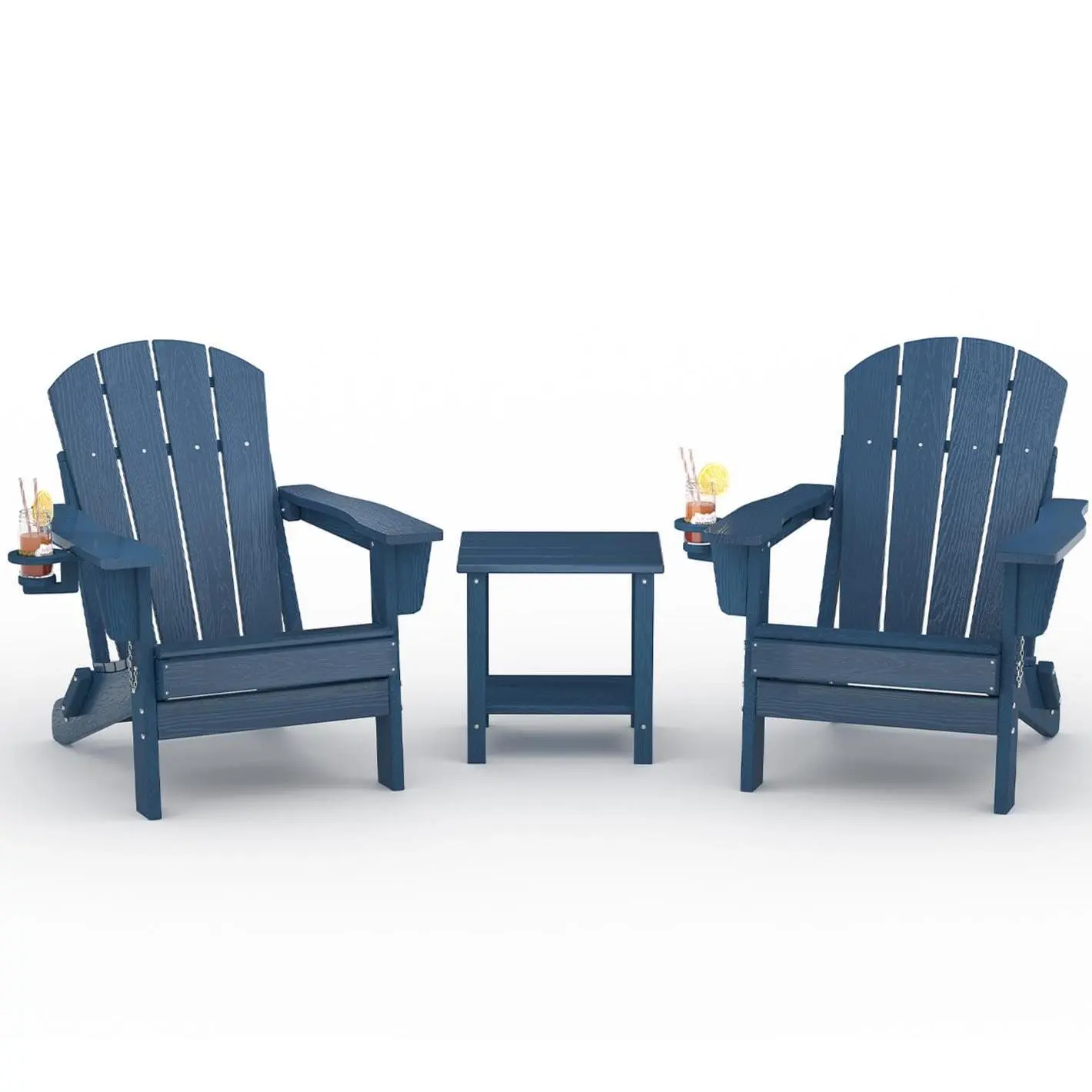 All-Weather HDPE Folding Adirondack Chair Set of 2 with Side Table – Wooden Texture, Cup Holder, Outdoor Patio Chairs for Garden, Fire Pit – Embossed Wood Grain 2 Chairs + 1 Side Table