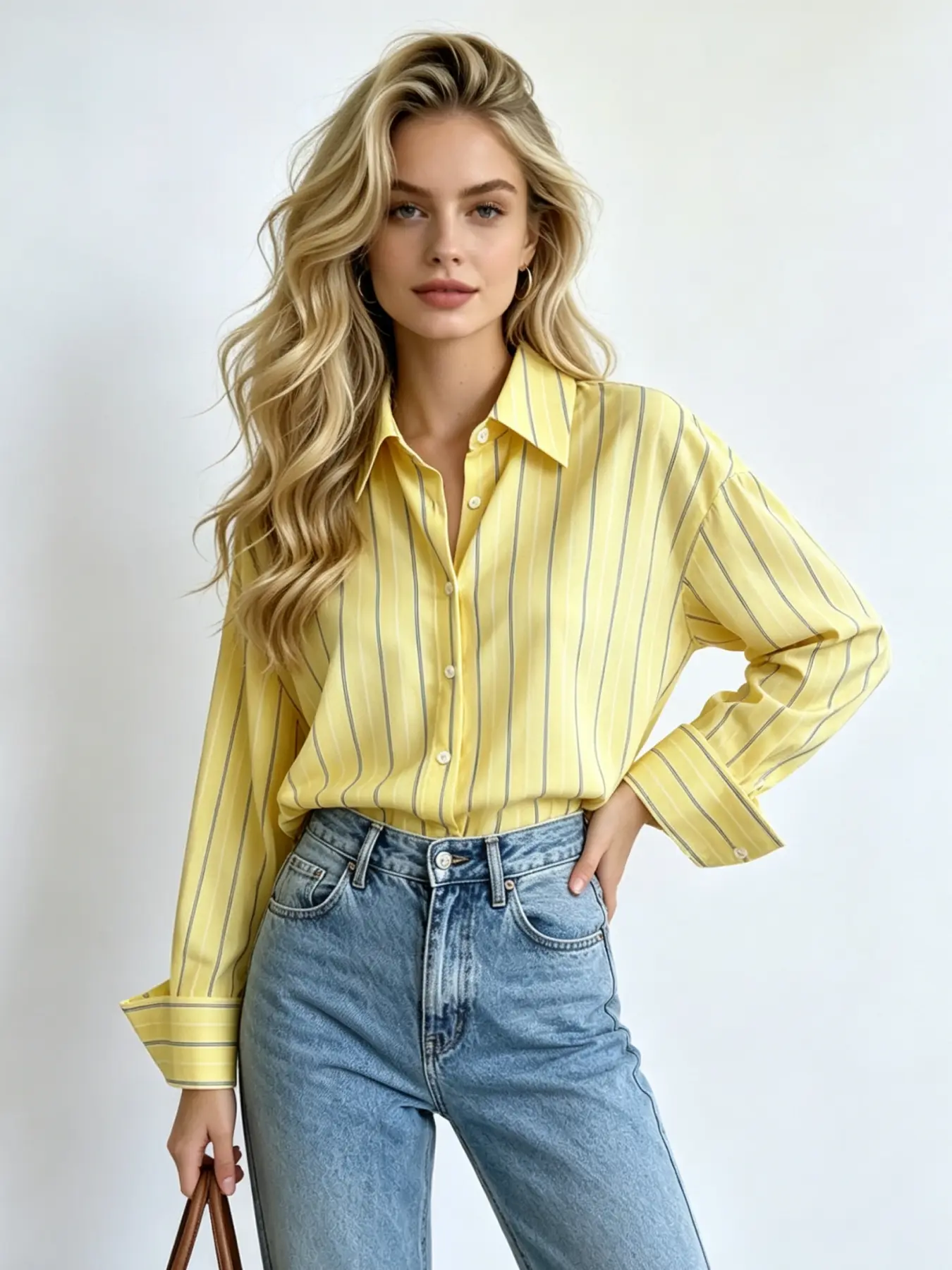 A women's fashionable yellow striped minimalist style long sleeve shirt, All Season Blouse, with a refreshing color scheme and a hanging fabric that is comfortable and breathable, suitable for commuting, playing, indoor and outdoor wear
