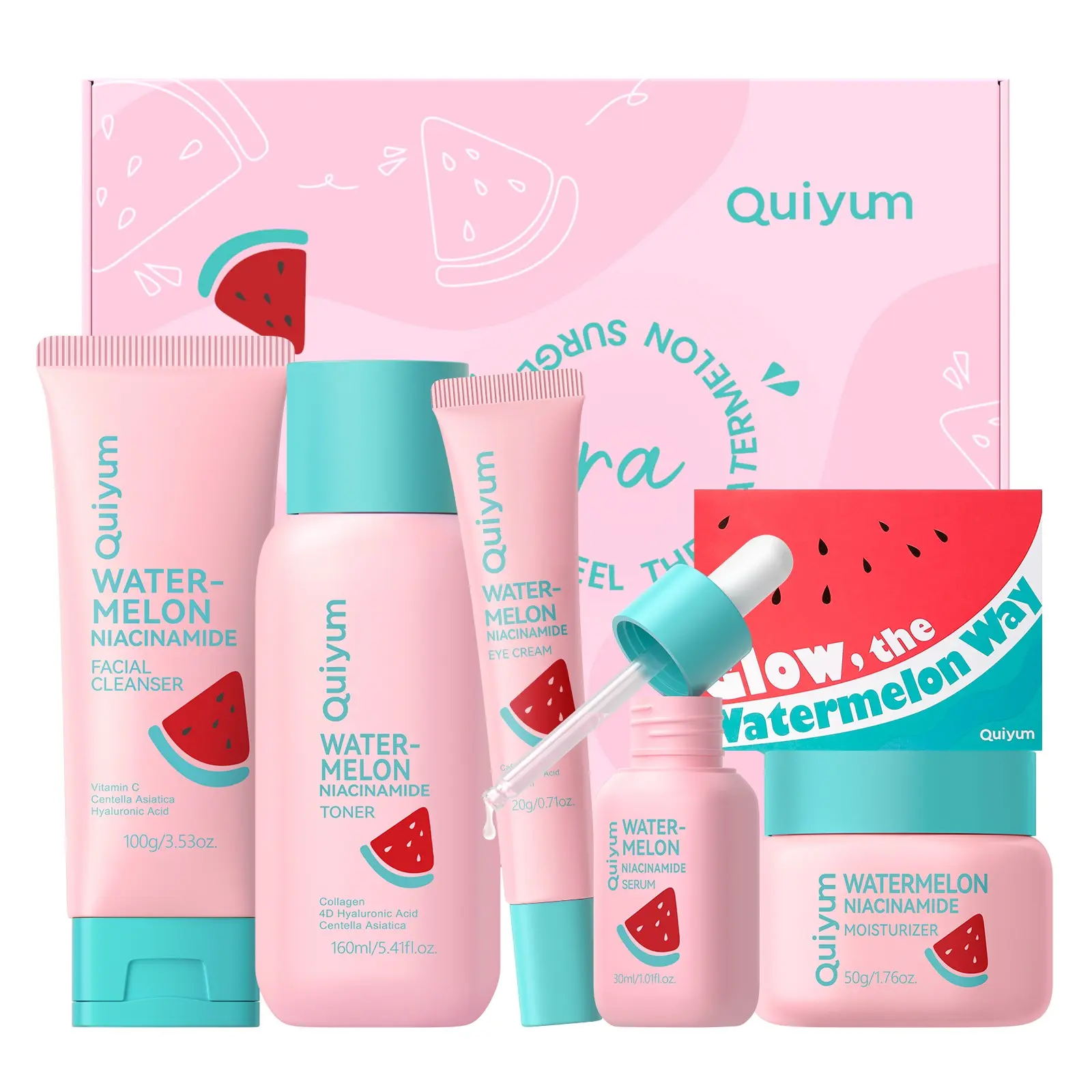 QUIYUM Watermelon Niacinamide Skin Care Set, Routine Beauty Bundle Kit Skincare for Teens- Gift Set with Cleanser, Toner, Eye Cream, Cream, Serum, Facial Juicy Glow Up for Girls, for All Skin Types, Daily Kit (5PCS)