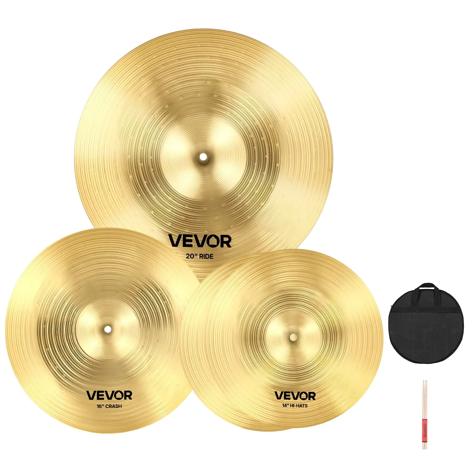 【Summerfinds】VEVOR Cymbal Pack, 3 Pieces Cymbals for Drum Set, Alloy Cymbals Drum Set Includes 14-inch Hi-Hats, 16-inch Crash, 20-inch Ride, Drumsticks & Cymbal Bag, Alloy Cymbal Pack for Drummer, Bright Copper