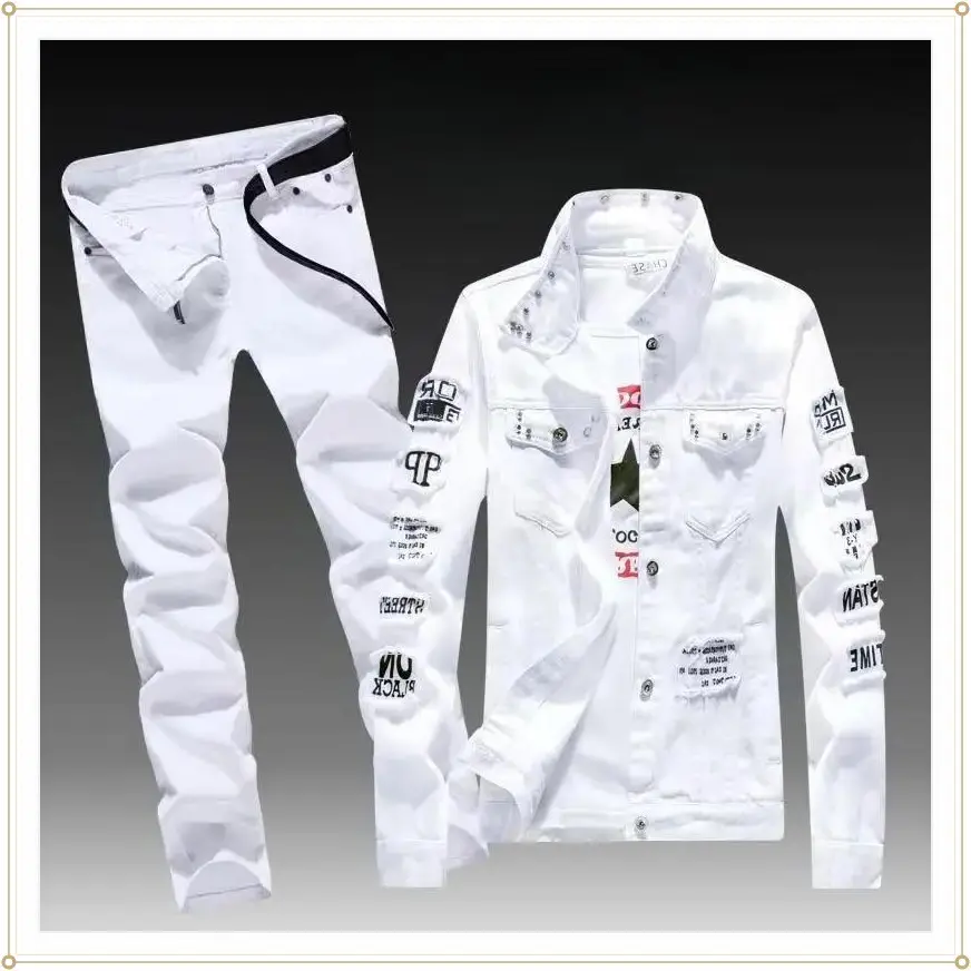 sets for men clothing Spring Autumn Mens Denim Jacket + Jeans Pants Set Fashion Single Breasted Coat Trousers Two Piece Denim suit Clothes Sleeve Sleeved Basic Formal Menswear  Piece Denim Outfit Jean Jacket and Jeans Set Denim S