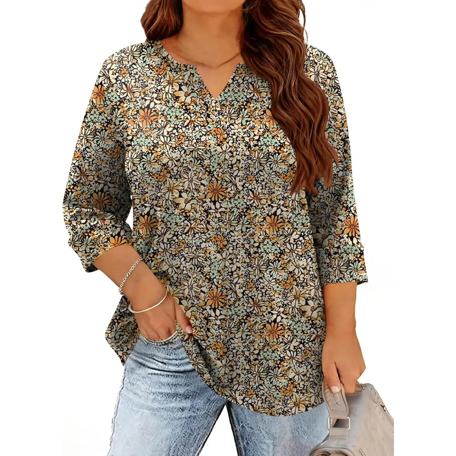 Women's Plus Size V-Neck 3/4 Length Sleeve Blouses & Shirts, Loose Fit Dressy Casual Tees, Size XL-5X, 3/4 Sleeve Blouses & Shirts, Plus Size Clothes,clothes for back to school,first day of school outfits