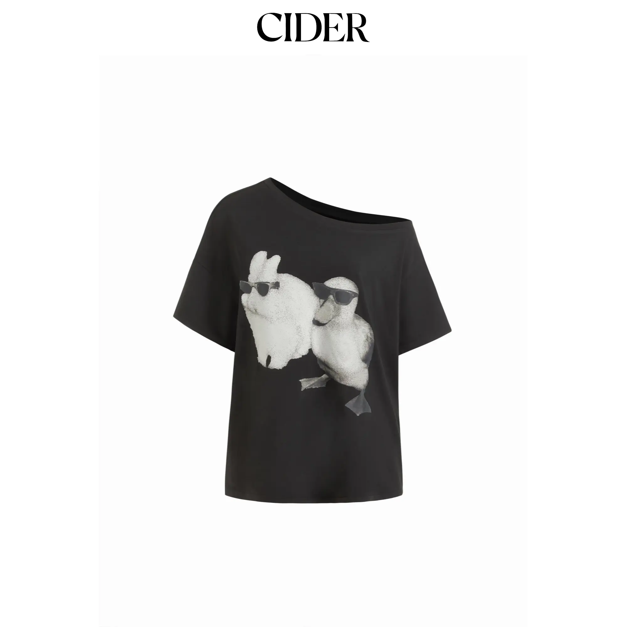 Cider Women's Asymmetrical Neck T-Shirt with Rabbit & Duck Graphic