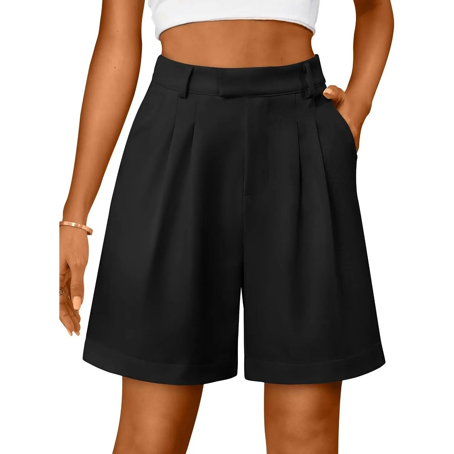Women's High-Waisted Bermuda Shorts Bottoms - Dressy Casual Summer Work Suit Bottoms with Elastic Waist, Pleated Design, Pockets, Zippers, Trouser Fit, Comfortable Drape, Basic Sweater-Pairing Flattering Leg Cut