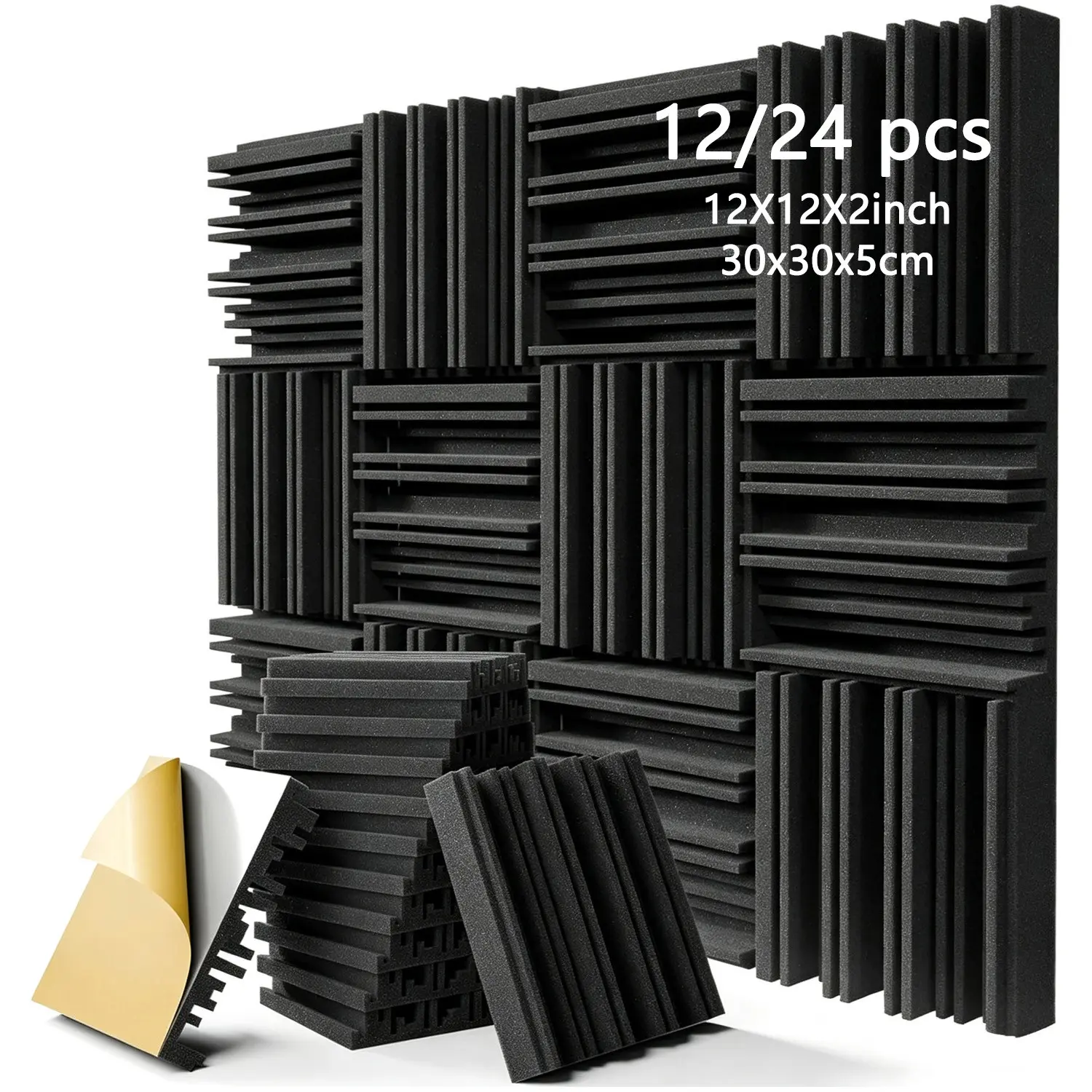 12/24Pcs Black Self-Adhesive Acoustic Foam Panels 30×30×5cm Groove Quick Rebound Sound Absorbing Foam For Wall Ceiling Reduce Echo Noise Decor Wall Panels For Recording Studio Home Theater Game Room Sound Insulation Material