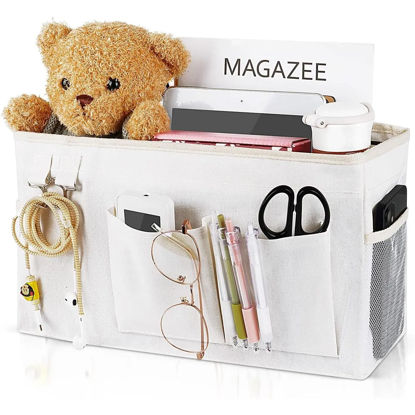 Bedside Caddy Bedside Organizer Hanging Storage Bag for Bunk College Dorm Bed and Hospital Beds with Magazine Water Bottle Phone Holder (White)
