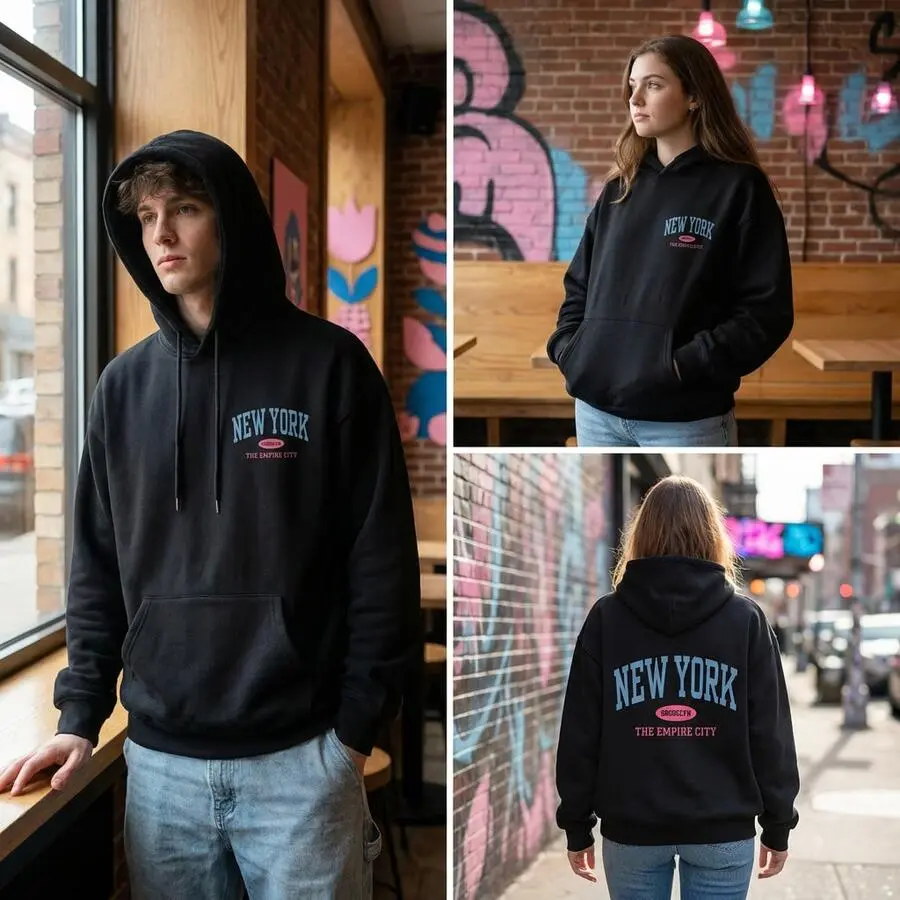 Unisex White Hoodie, New York Brooklyn Empire City Graphic Print, Vintage Collegiate Style Streetwear, Casual Fall Winter Pullover SweatshirtLoose And
