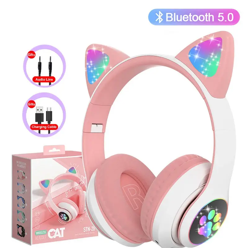 type c device Flash Lamp Cute Cat Ears Headphone Bluetooth5.0 Stereo With Mic Support TF Card Wireless Kids Girl Earphone Birthday Gift
