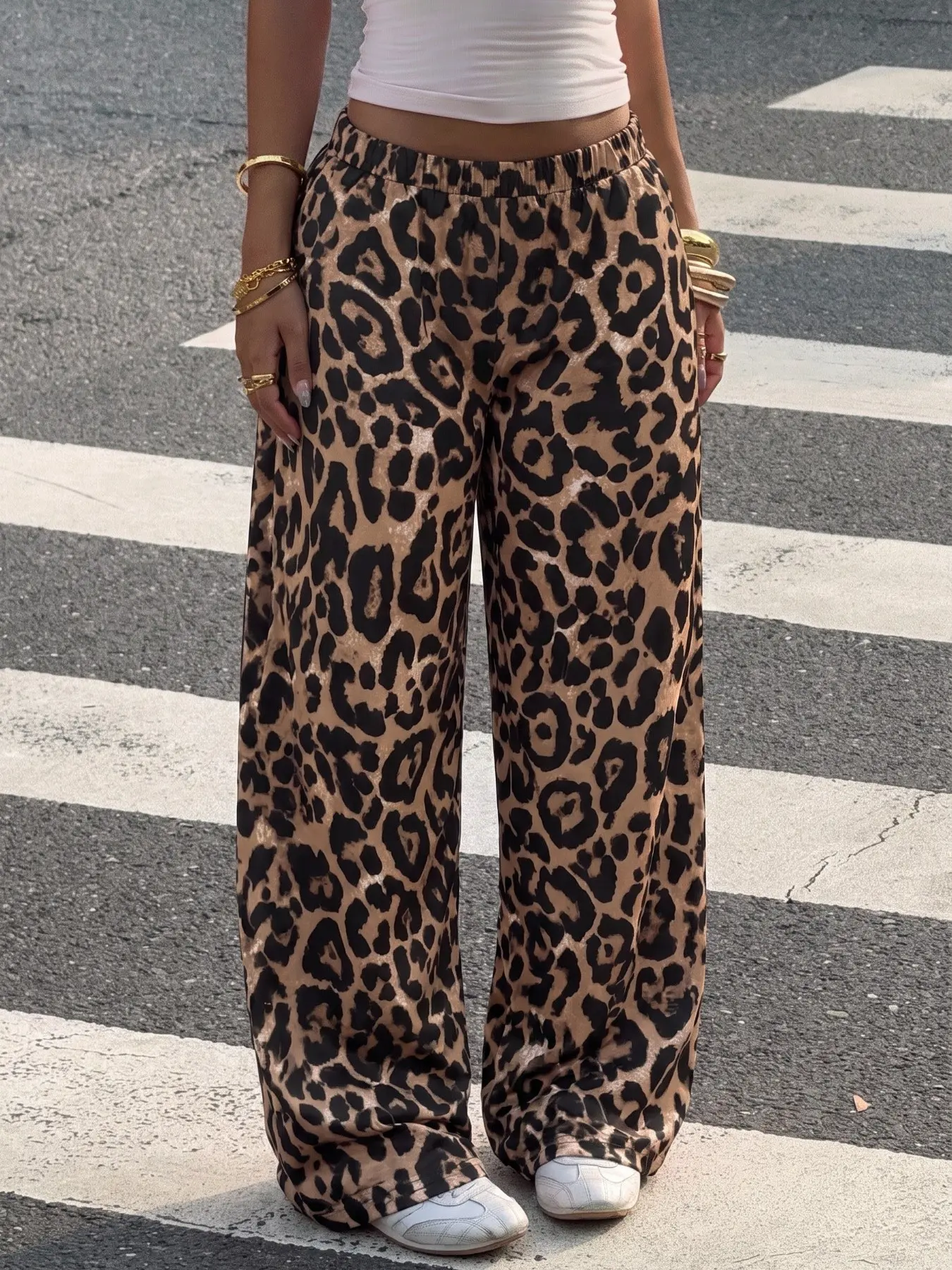 Vintage Leopard Print Elastic High Waist Wide Leg Pants With Pockets, Loose Casual Straight Palazzo Trousers, Y2K Streetwear Hip Hop Daily Outfit