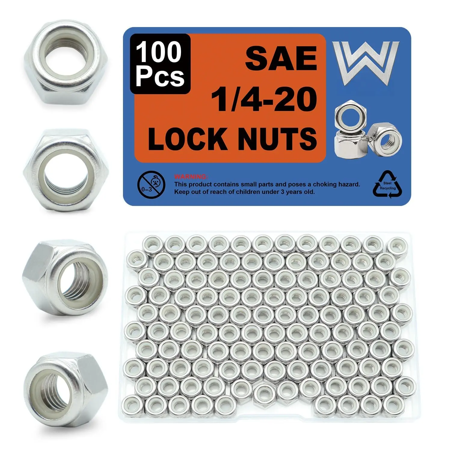 100 count 1/4-20 Lock Nut, 304 Stainless Steel, Nylon Insert | Standard Inch Coarse Thread, Hardware Nuts
