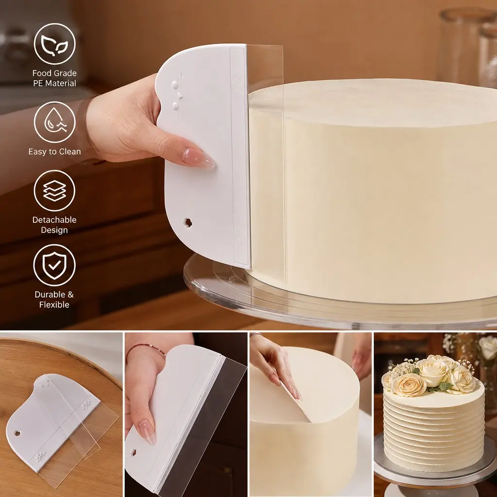 Detachable Buttercream Smoothing Scraper | Food-Grade Transparent PE Plastic | Cake Decorating Tool Set – Flexible Acrylic Scraper for Cake Icing, Bread Decorating, and Frosting Finishing Cake Decoration Tools