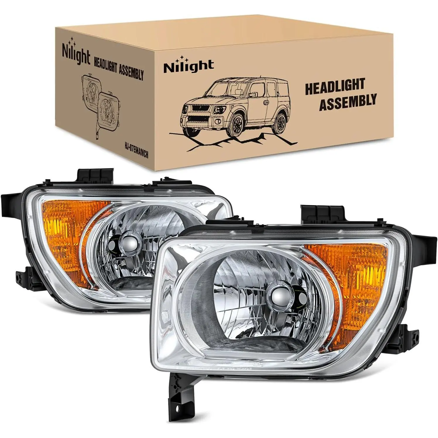 Nilight OE-Style Halogen Headlight Assembly - Compatible with 2003-2006 Honda Element, Chrome Metal Housing, Amber Reflectors, Polycarbonate, Anti-Fog Vents, HB2 H4 Bulbs, IP65, Passenger/Driver Side