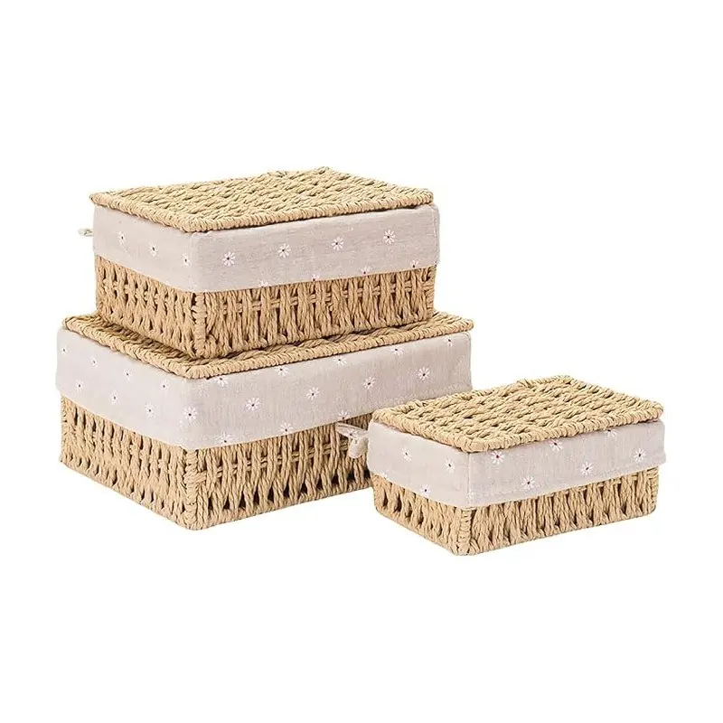 Small Woven Storage Basket, Storage Bins Baskets with Lid and Lining, Rectangular Paper Rope Basket, Rectangle, Bohemian Style, Boho, 3-Piece Set for Shelves, Tables, Cosmetics, Organiser