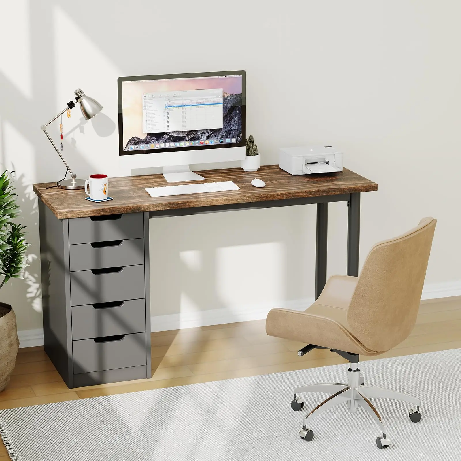 Computer Desk with 5 Drawers - Reversible Writing Table - Modern Home Office Workstation - Heavy Duty Frame