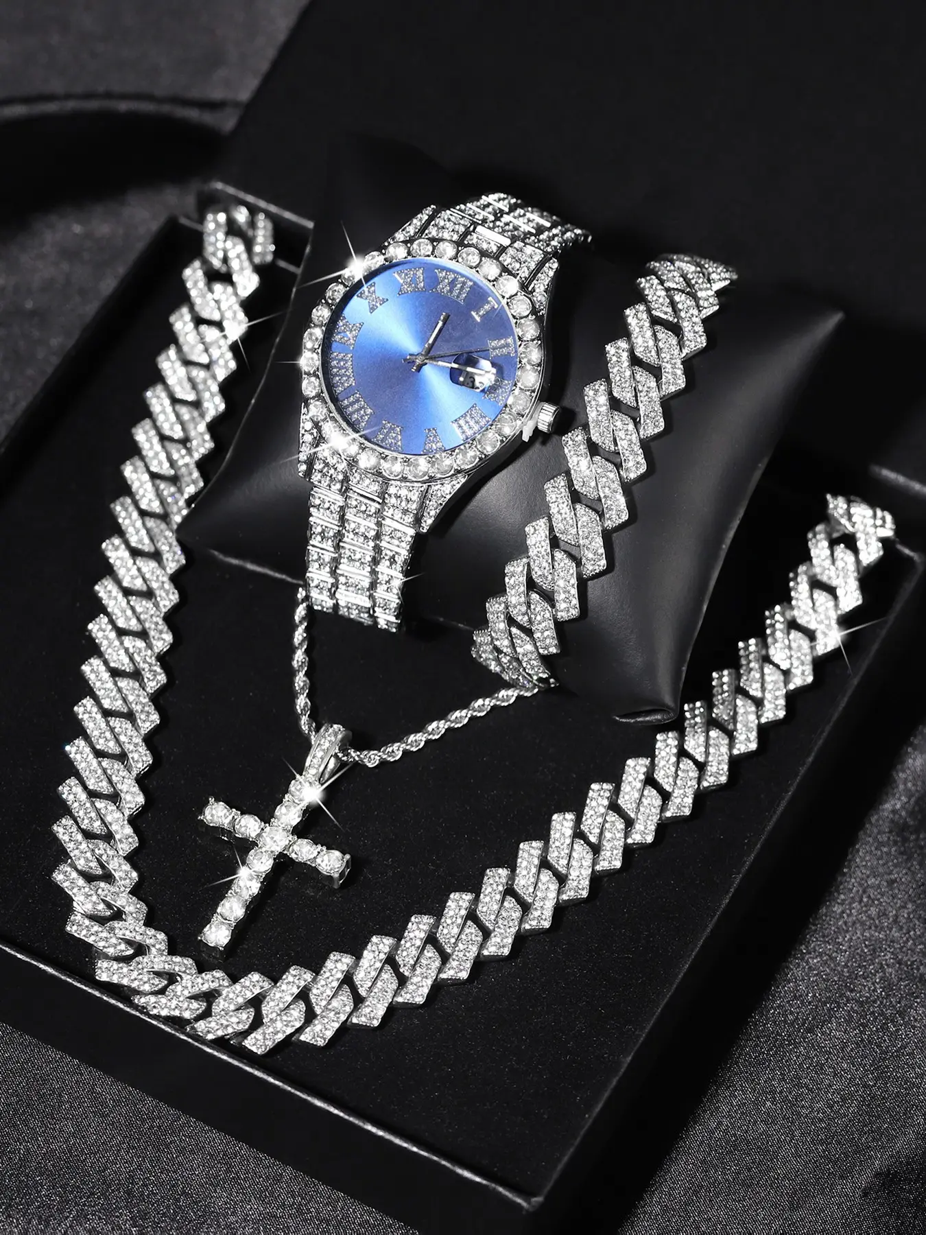 Men's Punk Style Rhinestone Decor Watch & Bracelet & Adjustable Cross Charm Necklace & Cuban Necklace, Exquisite Trendy Necklace And Bracelet Set Watch Set As Gift with Box