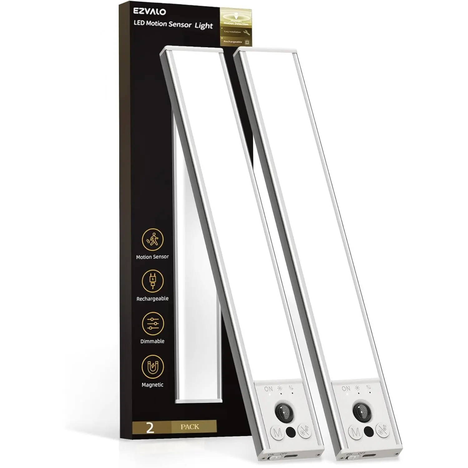 EZVALO 10inch Under Cabinet Lighting, LED Motion Sensor Light Indoor, 2400mAh USB Rechargeable Closet Lights, Dimmable & Magnetic Wireless Under Counter Lights for Kitchen, Pantry, Stairs (2 Pack)