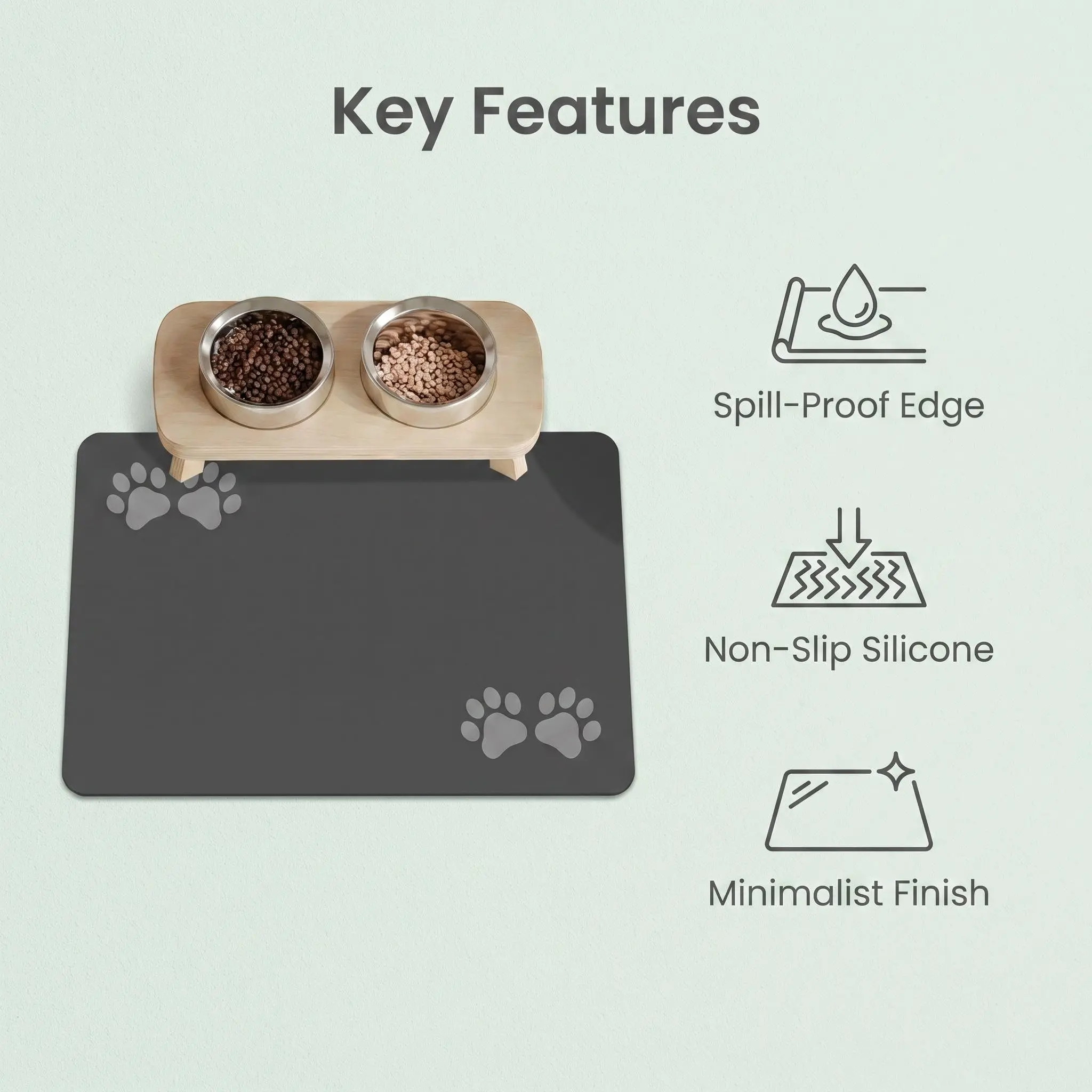 Silicone Pet Feeding Mat with Paw Print, Spill Proof Raised Edge, Non Slip Waterproof, Easy Clean Minimalist Pet Placemat for Dogs and Cats