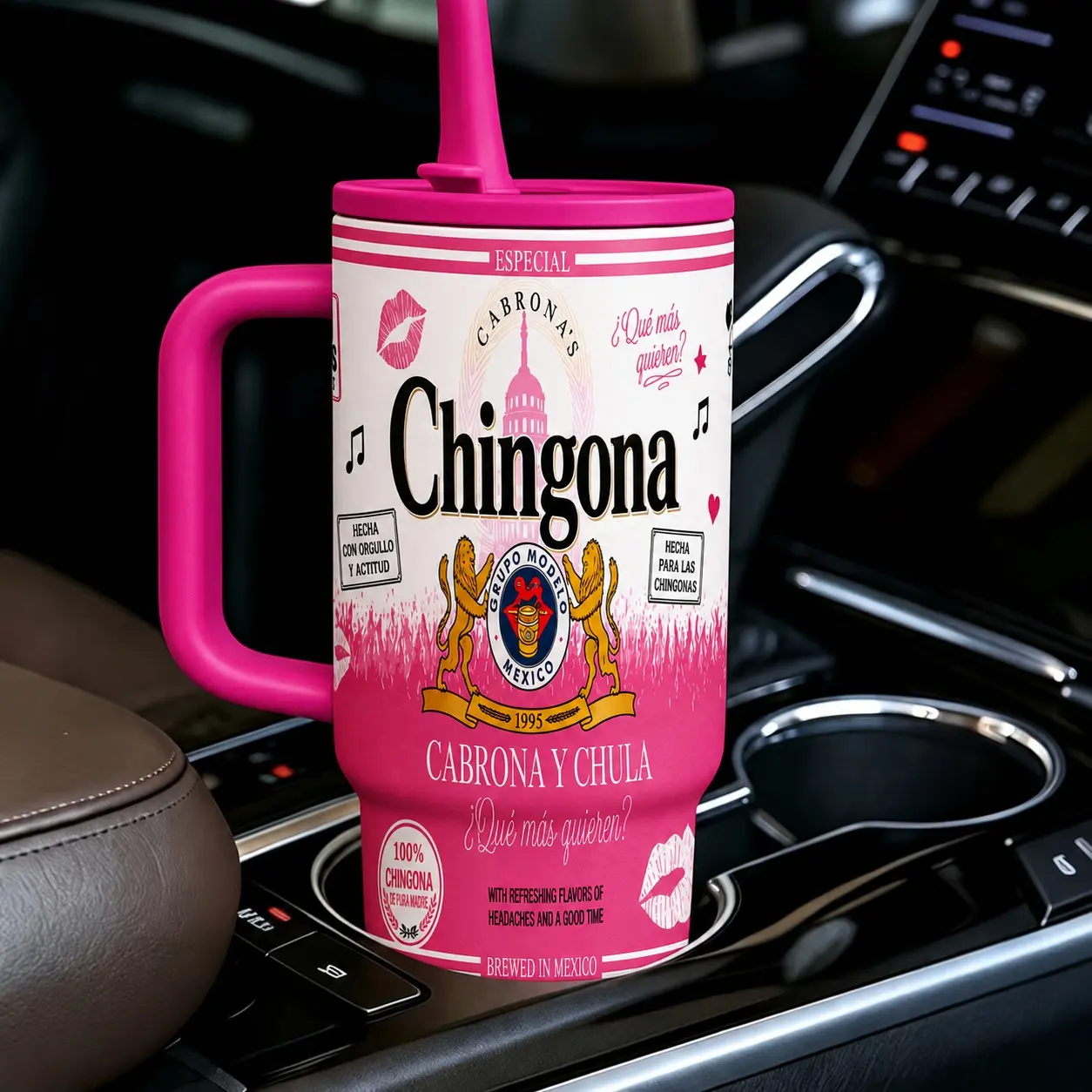 40oz Chingona Cabrona Y Chula Insulated Tumbler, Mexican Style Travel Mug with Handle and Straw, Reusable Iced Coffee Cup for Car, Office, Party