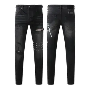 Men's High Cotton Slim Fit Streetwear Denim Jeans, Vintage Black Wash Ripped Graffiti Print Cross Rivet Distressed Casual Pants for Hip Hop Daily Outfits