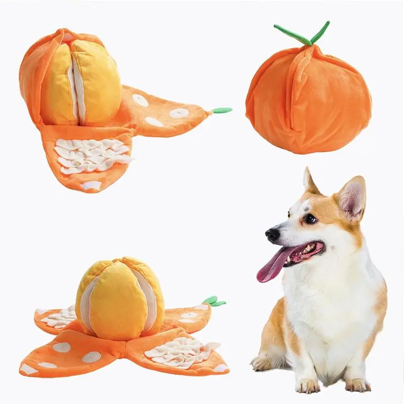 Tangerine Fruit Plush Dog Toy Set - Detachable Peel Shell, Pulp Hide-Seek Snuffle Nosework Puzzle, Squeaky Crinkle Fetch, Woven Rope, Automatic Ball Control for Small-Medium Anxious Dogs, Anxiety Relief to Calm Anxious Pups spinning