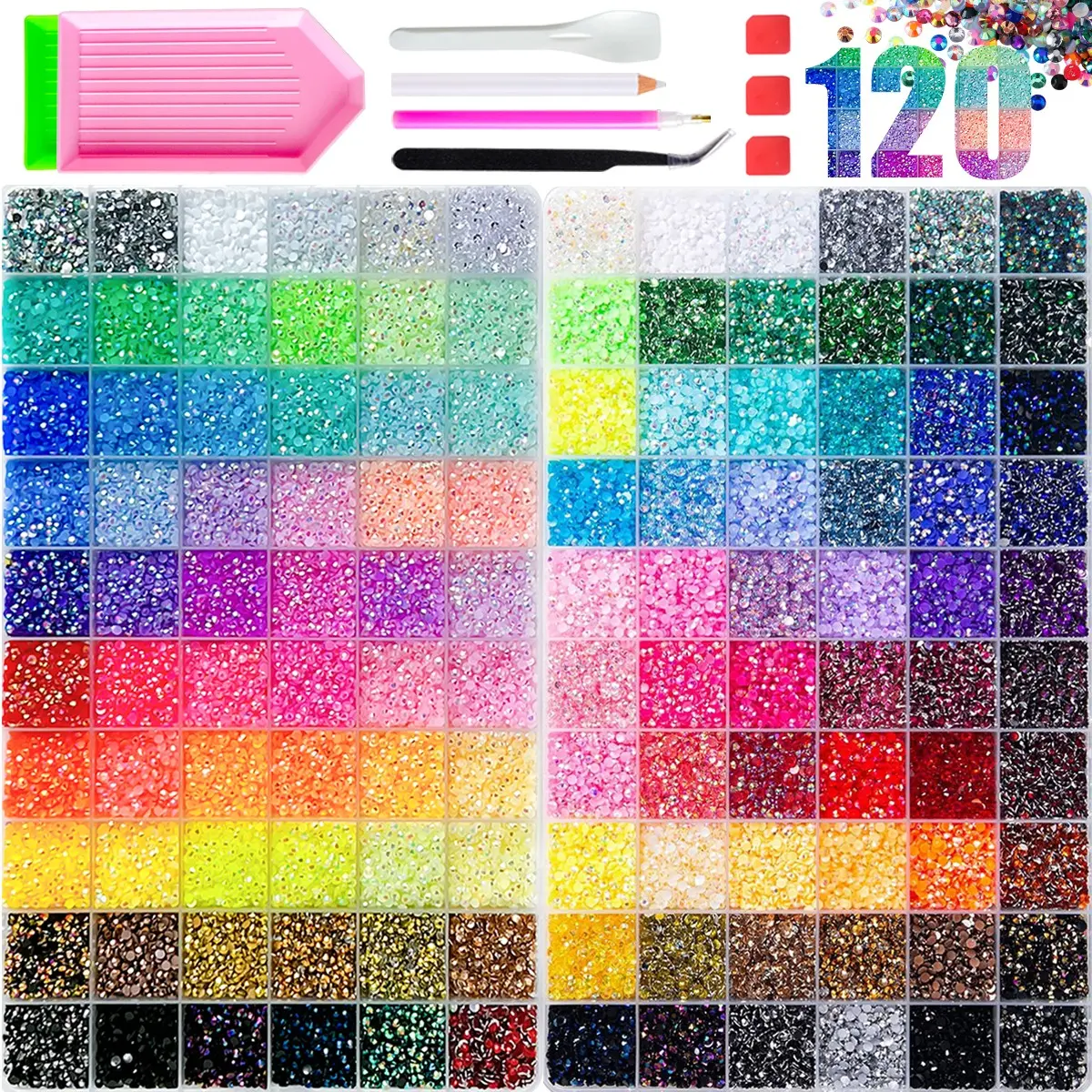 2Boxes 60 Grids Innovative Colorful Rhinestones Series Nail Bedazzling Rhinestones Kit 3mm, 120 Color Flatback Semi-circular Mini Resin Crystal Gems Jelly Diamond Nail Art Decorations DIY Nail Gift Accessories