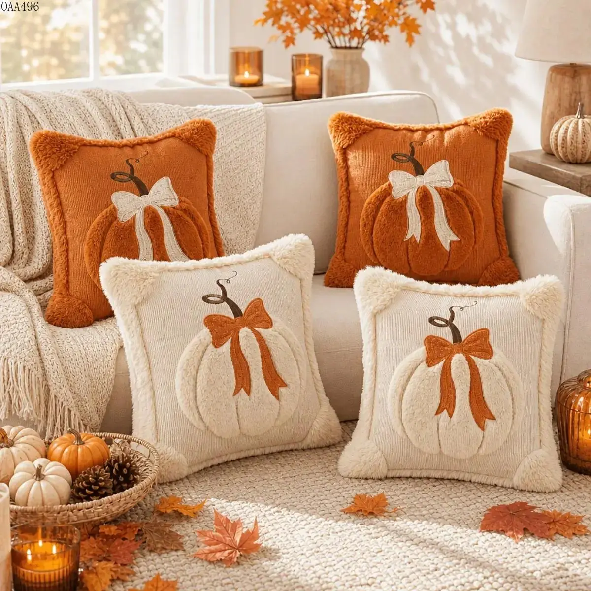 2-Pack 18x18 in 3D Jacquard Pumpkin Throw Pillow Covers, Delicate Bow-Decorated Soft Textured Cases, Farmhouse Style Home Rustic Farmhouse Decor for Thanksgiving Autumn Accents, Inserts Not Included