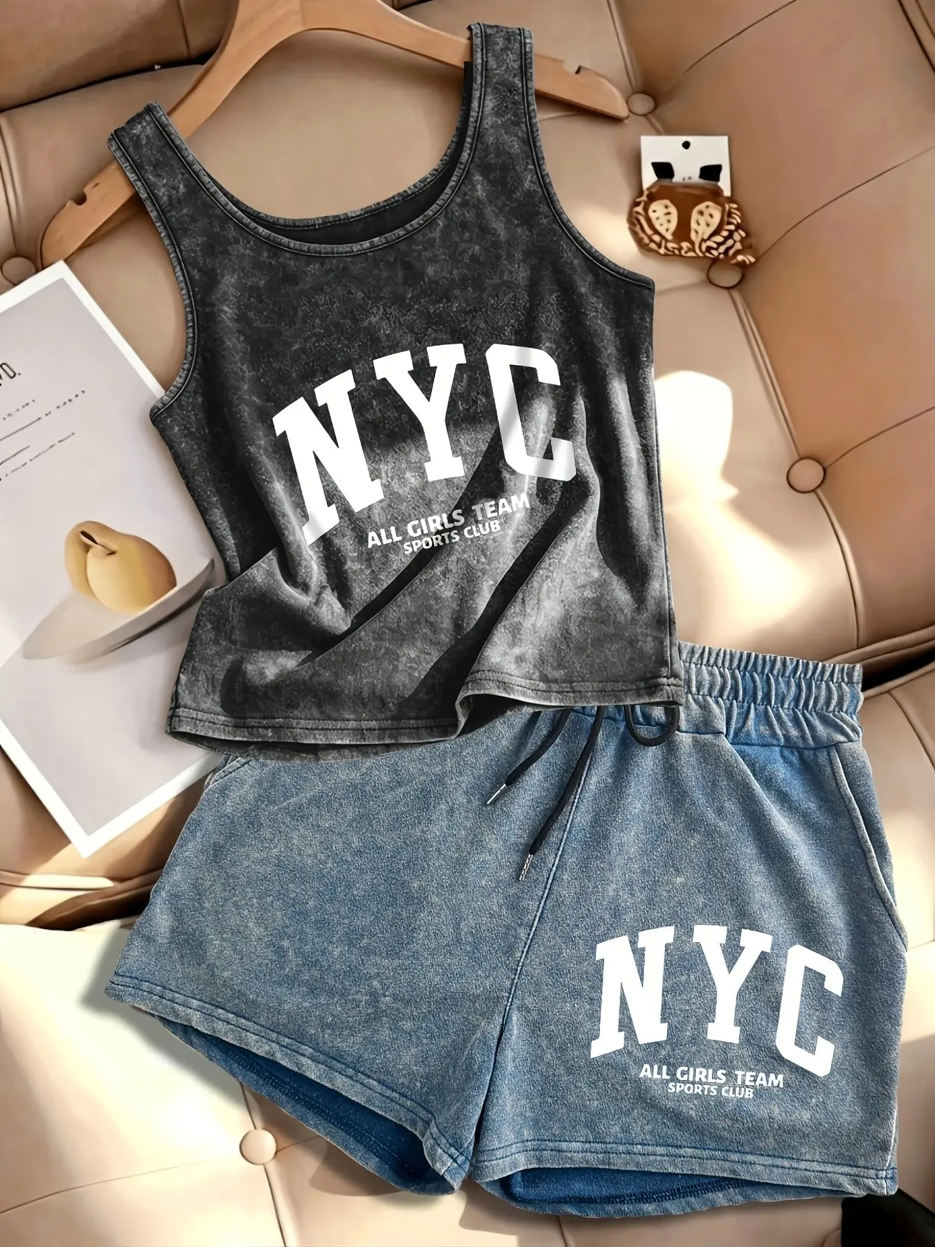 American Retro Vintage Washed Matching Set: U-Neck Cropped Racerback Tank + High-Waisted Drawstring Shorts – Available in Multiple Colors – A Must-Have Summer Set for a Trendy, Edgy Look.