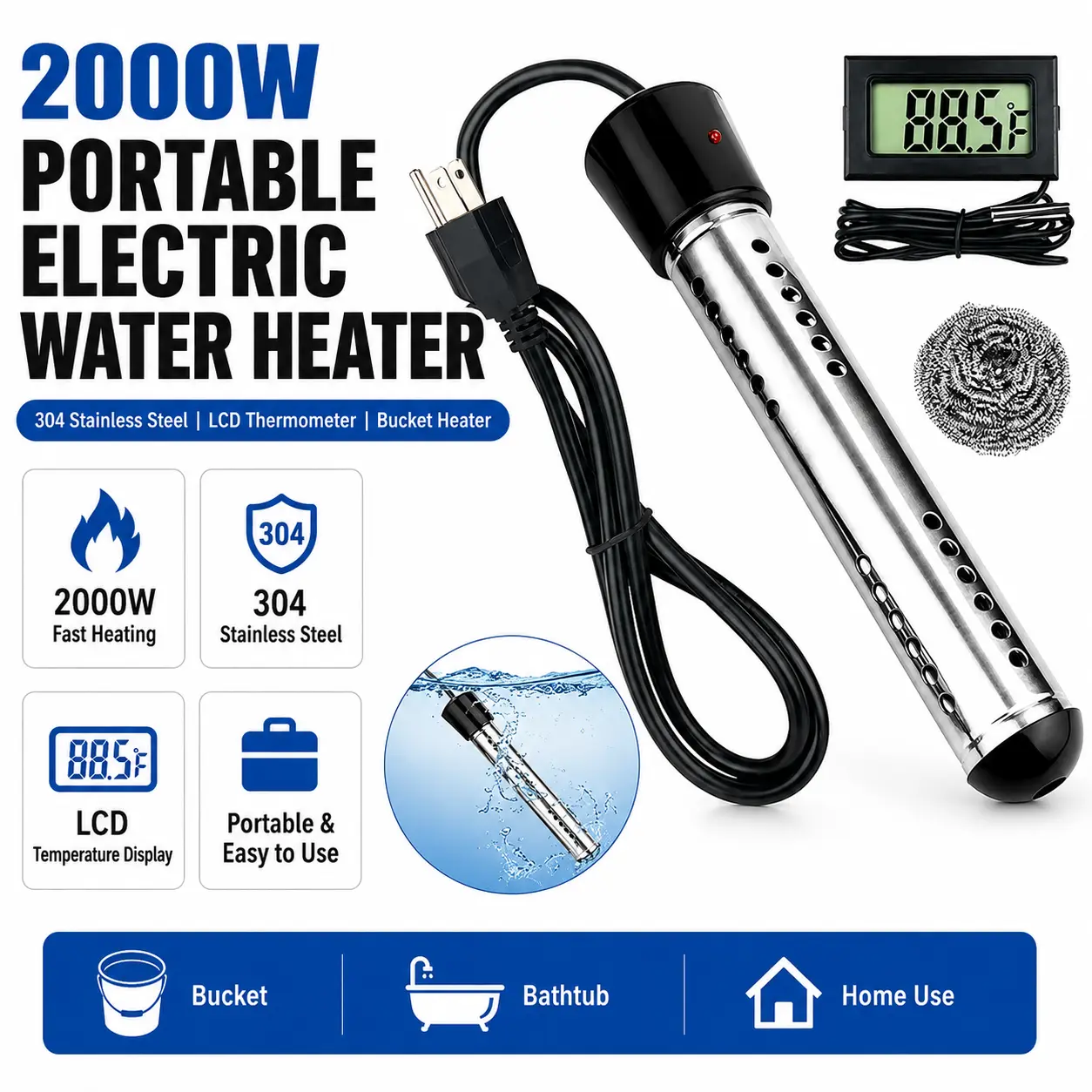 2000W Portable Electric Water Warmer - 304 Stainless Steel, LCD Thermometer, Submersible Bucket Heater for Efficient Heating, Durable Multifunction Use in Bathtubs, Camping Water Storage