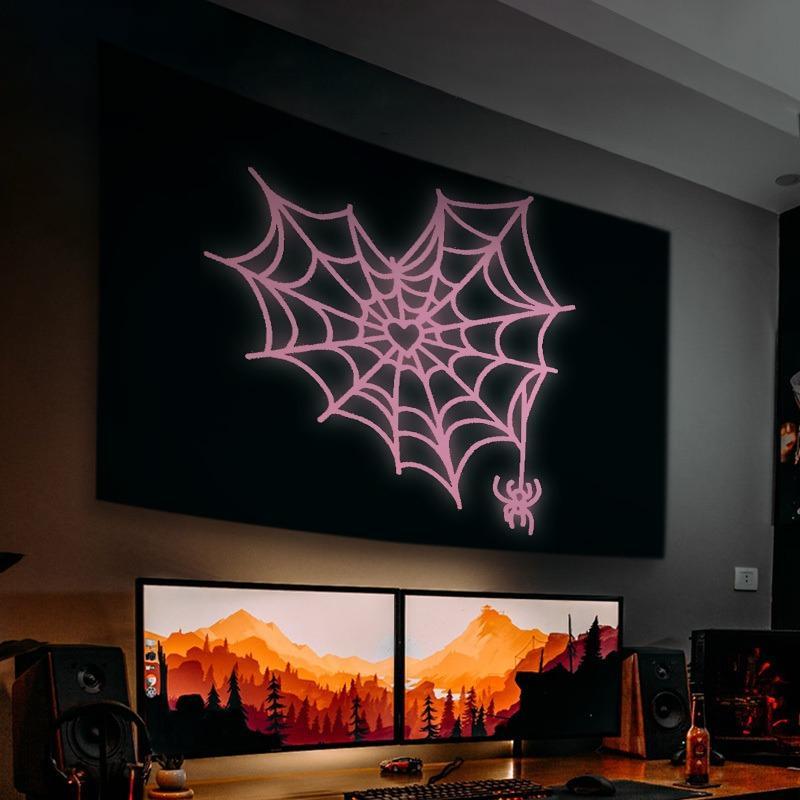 Spider Web & Heart Pattern Glow in the Dark Tapestry, USB Plug-in LED String Light Included, Wall Hanging Decor for Home Living Room Bedroom, Vanity Decor Accessories