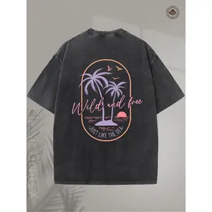 Washed Retro Surf T-Shirt Heavyweight Tropical Beach Sunset Palm Tree Print, Soft Breathable Summer Vacation Top, Aesthetic Surfing Casual Outfit for Men