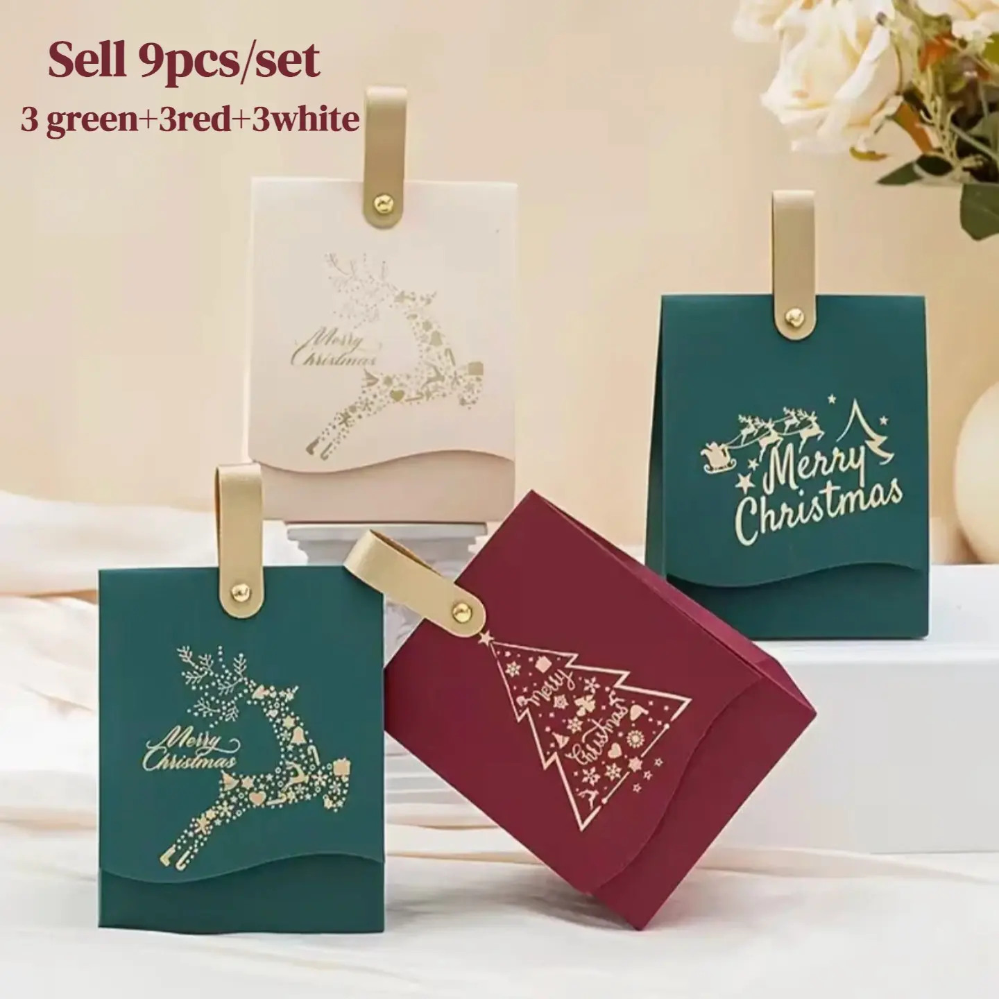 Gift for Her/Him Set of 9 Christmas Gift Boxes for Presents with Leather Handles,Festive Red,White, And Green,Featuring 'Merry Christmas' And 'Reindeer' Designs,Perfect For Candies& Chocolates，Festive Gift Packaging Supplies, Themed Gift Box