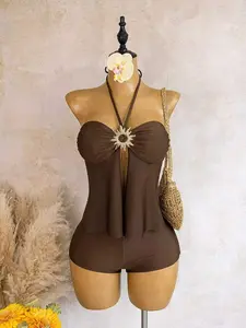 Deep Halter Neck Sunflower Buckle Cut Out Split Skirt Flat Angle Pants Two Piece Beach Vacation Party Swimsuit Set
