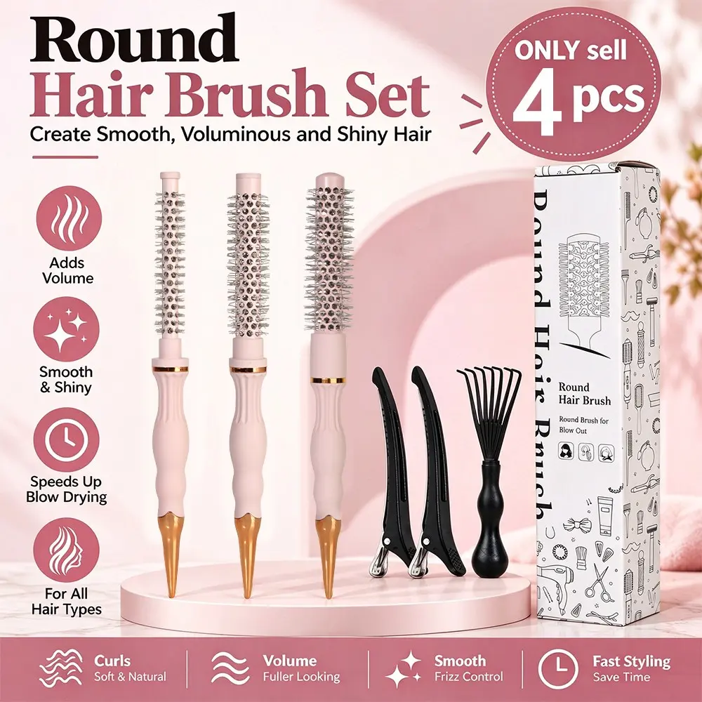 4-Piece Pink Hair Styling Roll Comb Set, Multi-Diameter Curling Combs, Volumizing Root Stylers, Includes Roll Comb, Partition Clips, Cleaning Tool