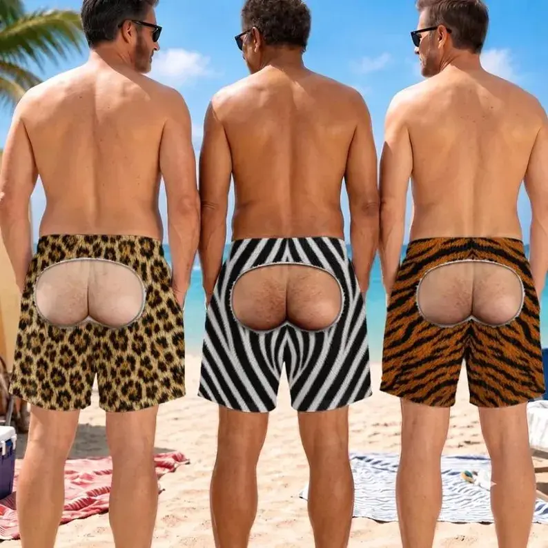 Leopard Zebra Tiger Animal Print Swim Trunks for Men, Funny Graphic Beach Shorts, Quick Dry Summer Beachwear, Tropical Vacation Casual Outfit, Fun Novelty Gag Gift for Him