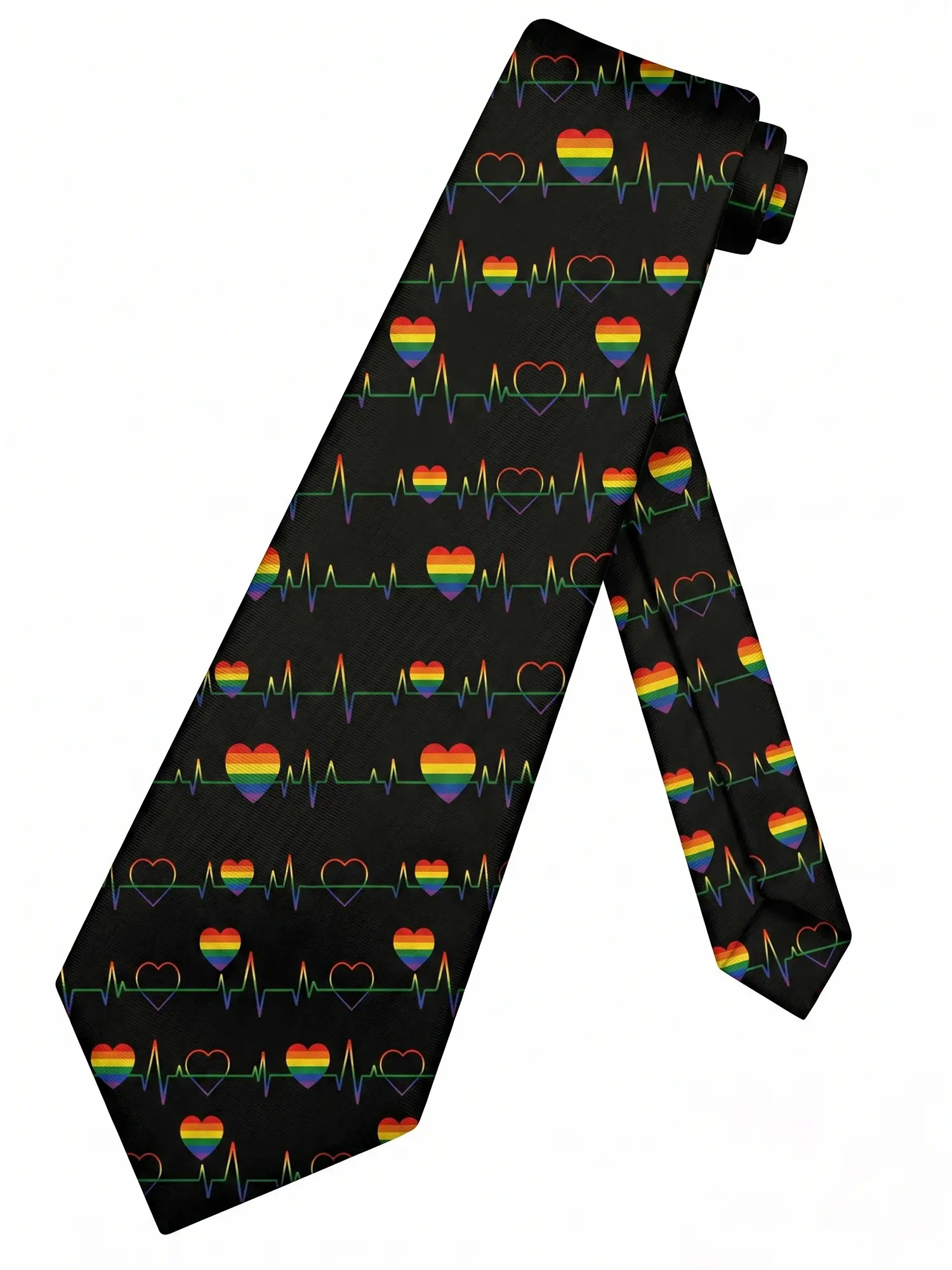 Skinny Polyester Necktie for Men & Women, Funky Rainbow Heartbeat Graphic Print for Casual Business, Weddings & Parties, Anniversary, Ceremony, Rainbow Hearts, All Over Print Neckties, Heartbeat Lines, Pride Events, Unisex, Wedding Party