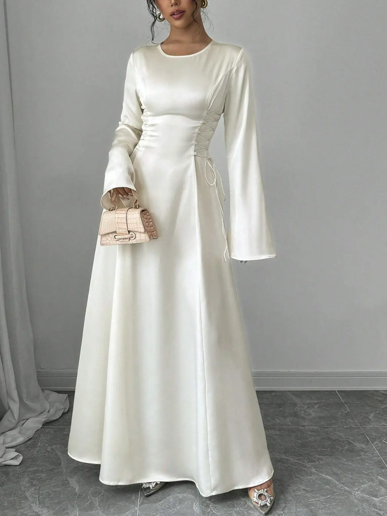 Elegant Evening Gown for Women, High-End Lightweight Luxury Round Neck Flared Long Sleeve Tie Waist Dress, Perfect for Formal Events